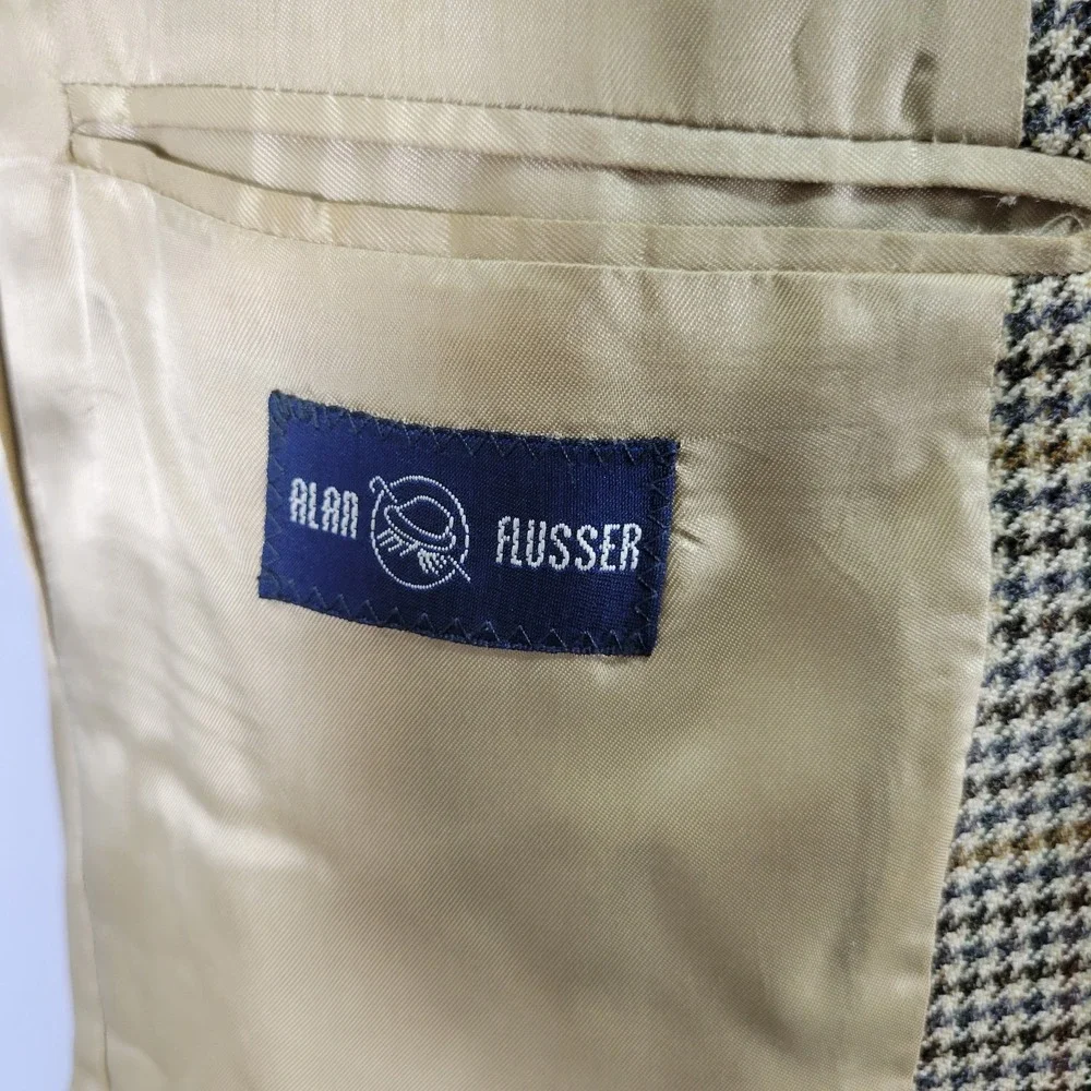 VTG Alan Flusser Men Sport Coat Blazer Three Button Flannel Houndstooth Wool 42R